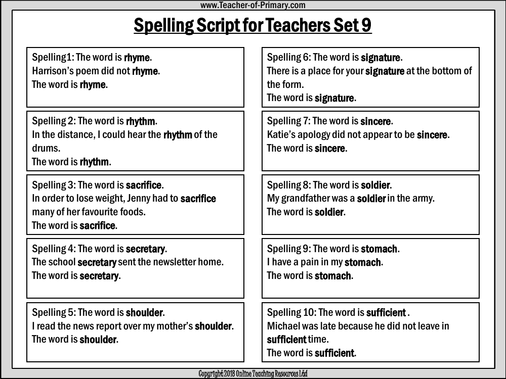 Spellings - Set 9 Teachers Script