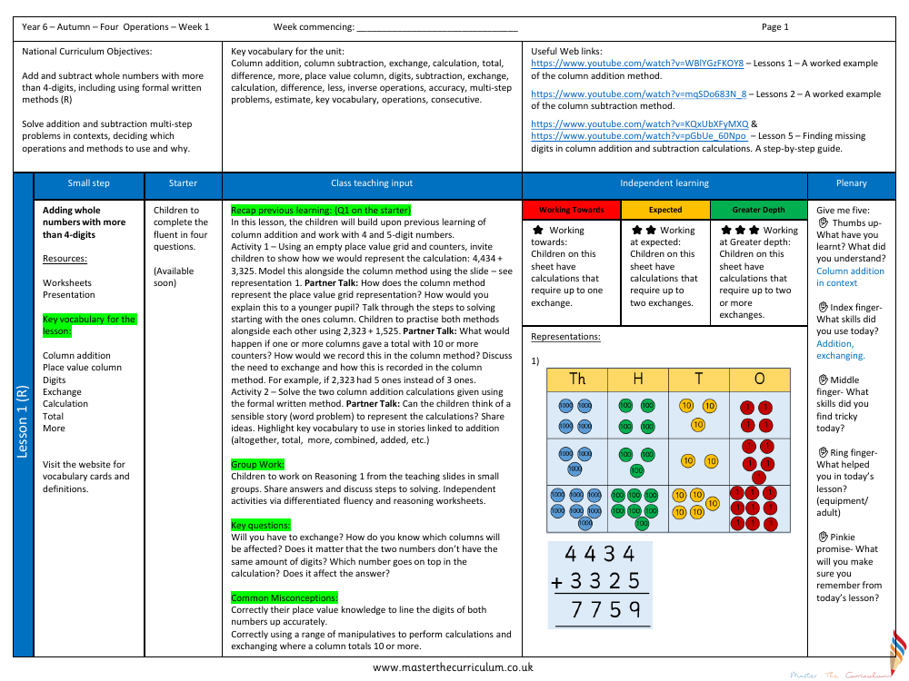 Addition, Subtraction, Multiplication and Division - Adding Whole Numbers with more than 4-digits - Planning