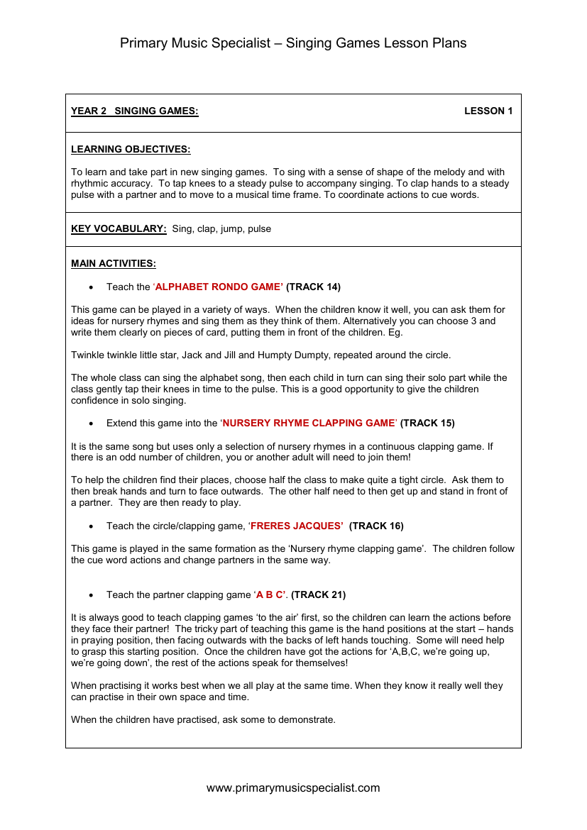 Singing Games Lesson Plan - Year 2 Lesson 1