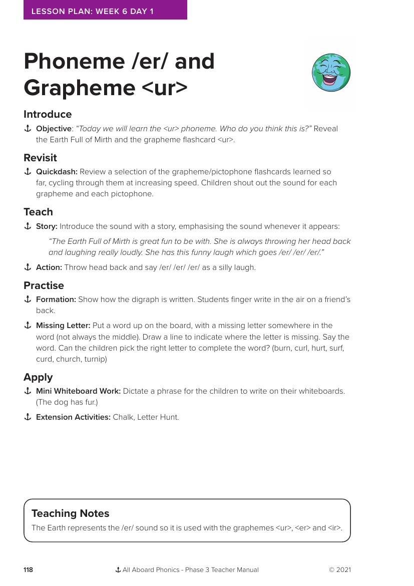 Week 6, lesson 1 Phoneme "ur" and Grapheme "ur" - Phonics Phase 3 - Lesson plan