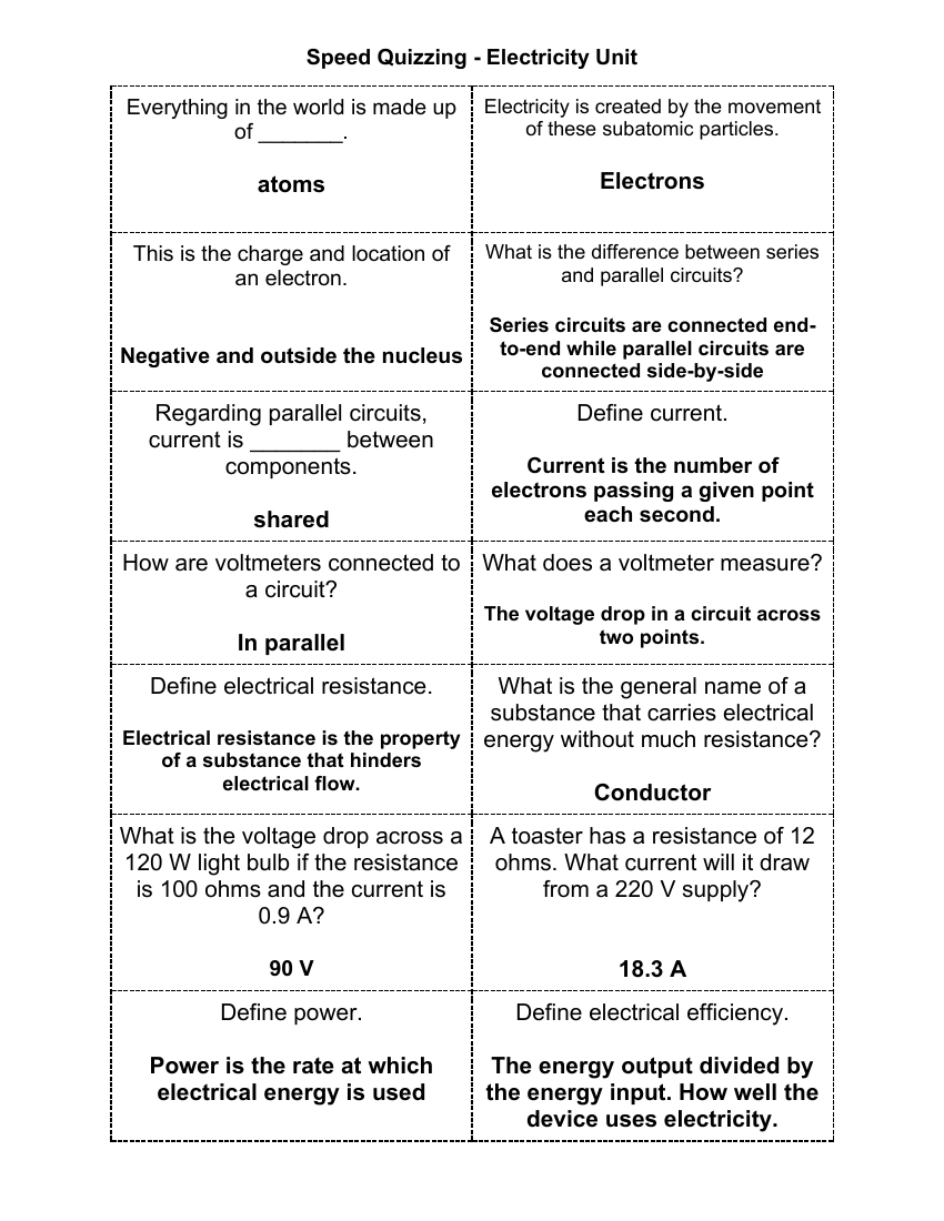 Electricity - Speed Quizzing