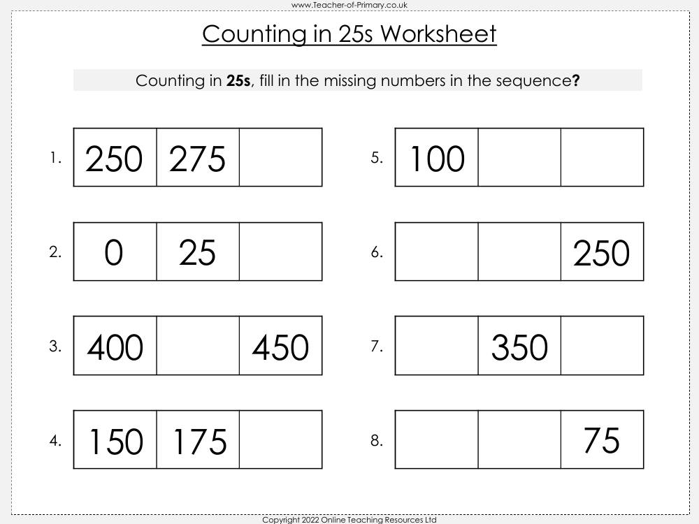 Counting in 25s to 500 - Worksheet