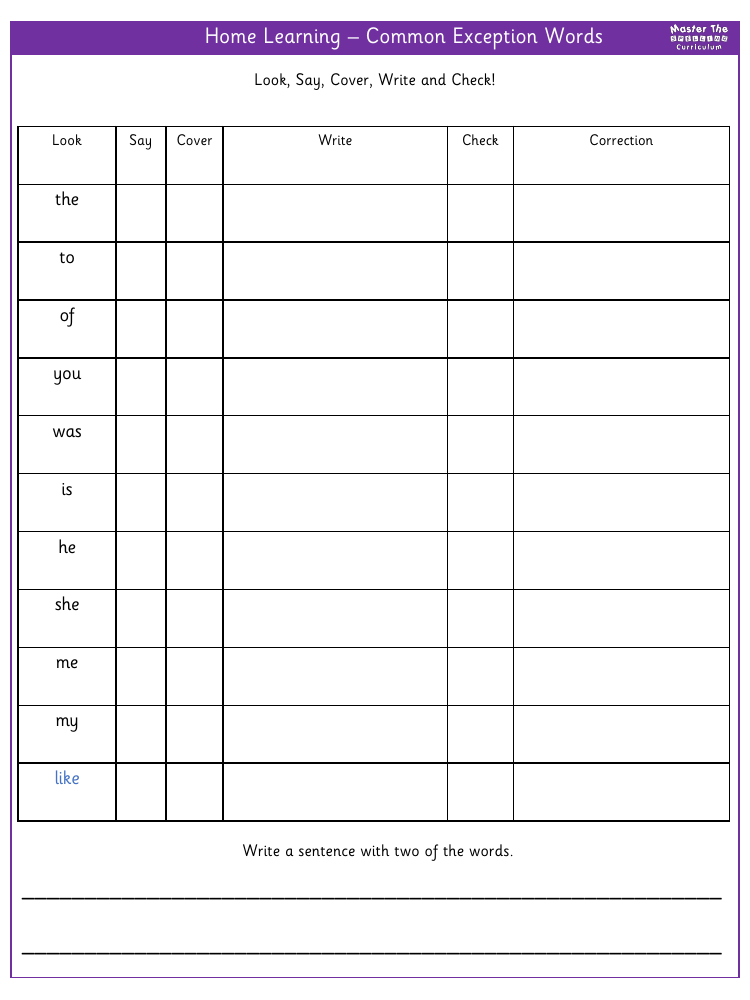 Spelling - Common Exceptions Word activity