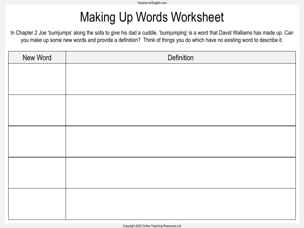 Billionaire Boy - Lesson 2 - Making Up Words Worksheet