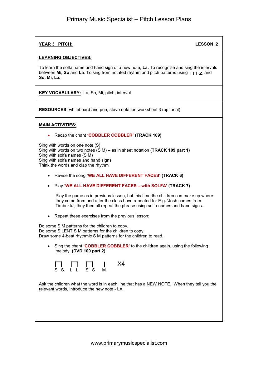 Pitch Lesson Plan - Year 3 Lesson 2