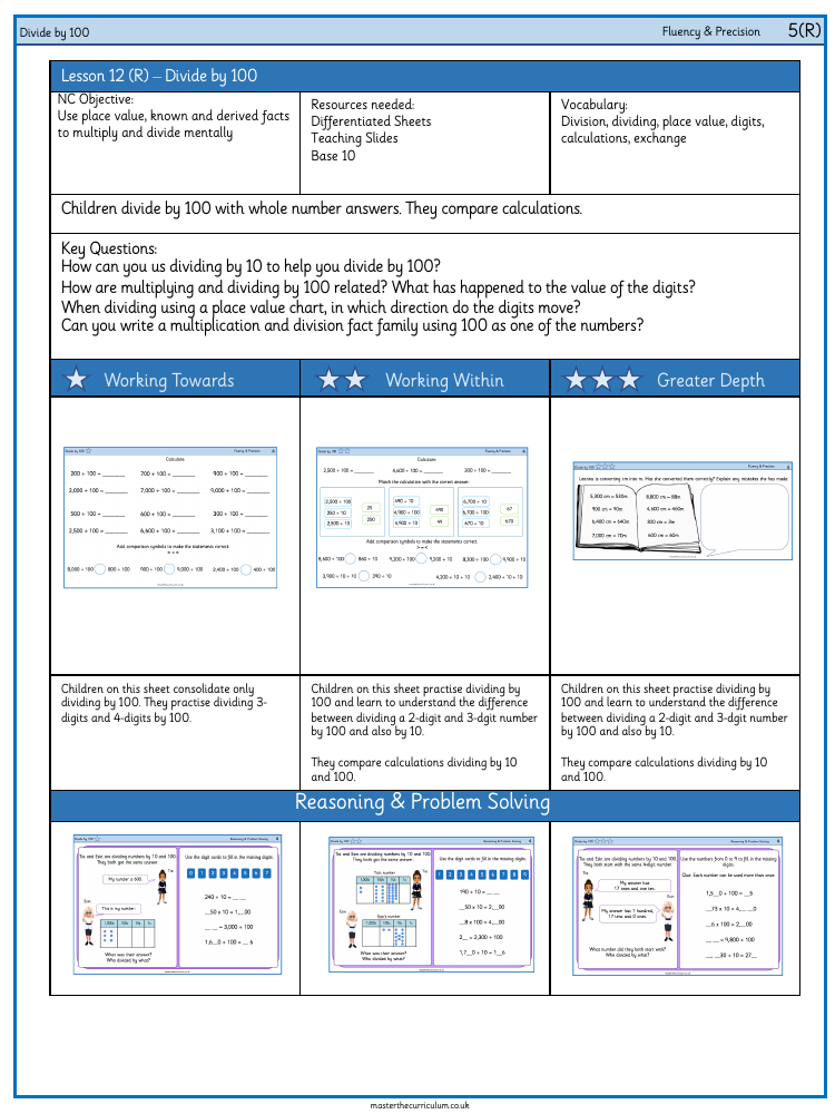 Multiplication and Division (1) - Divide by 100 - Worksheet