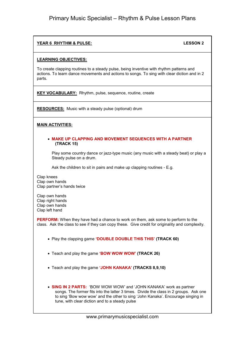 Rhythm and Pulse Lesson Plan - Year 6 Lesson 2