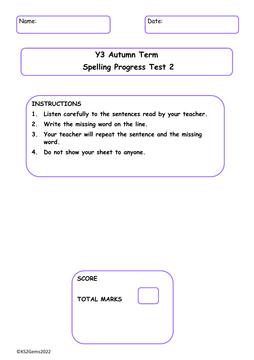 Autumn Term Spelling Progress Test 2