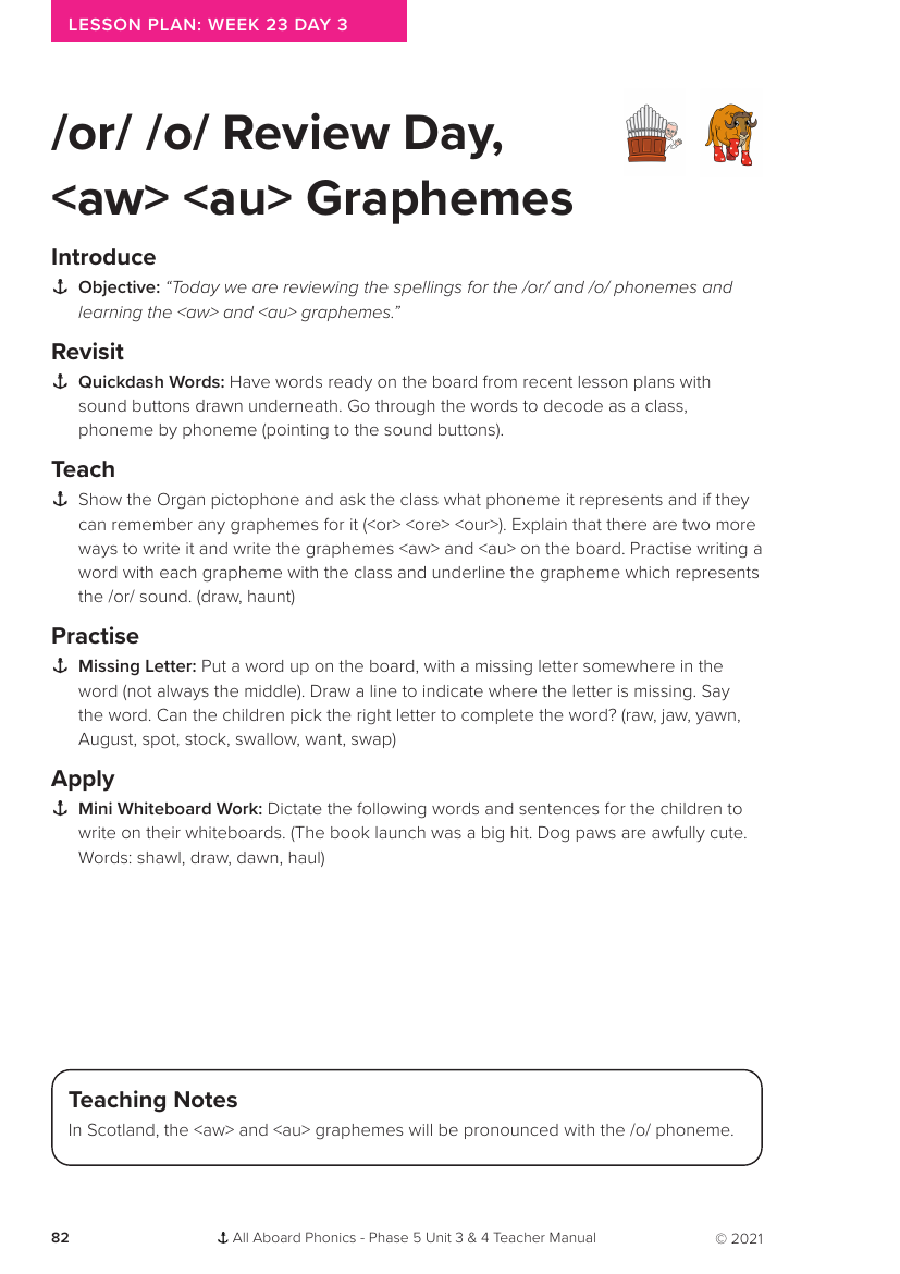 Week 23, lesson 3 Review Day "aw,au" - Phonics Phase 5, unit 3 - Lesson plan