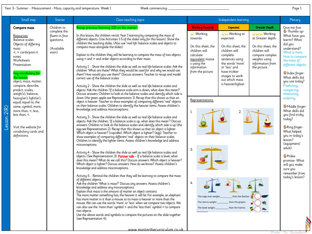 Mass and capacity - Compare mass - Planning