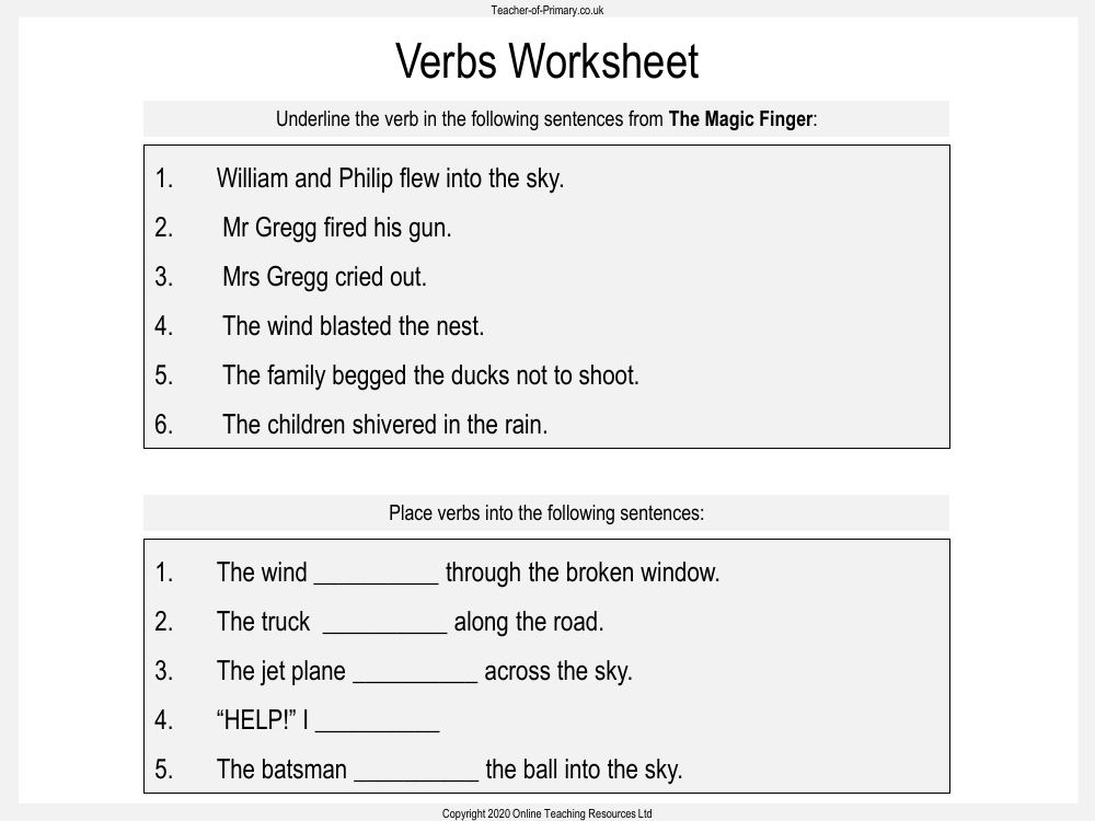 The Magic Finger - Lesson 6: Improving Writing - Verbs Worksheet