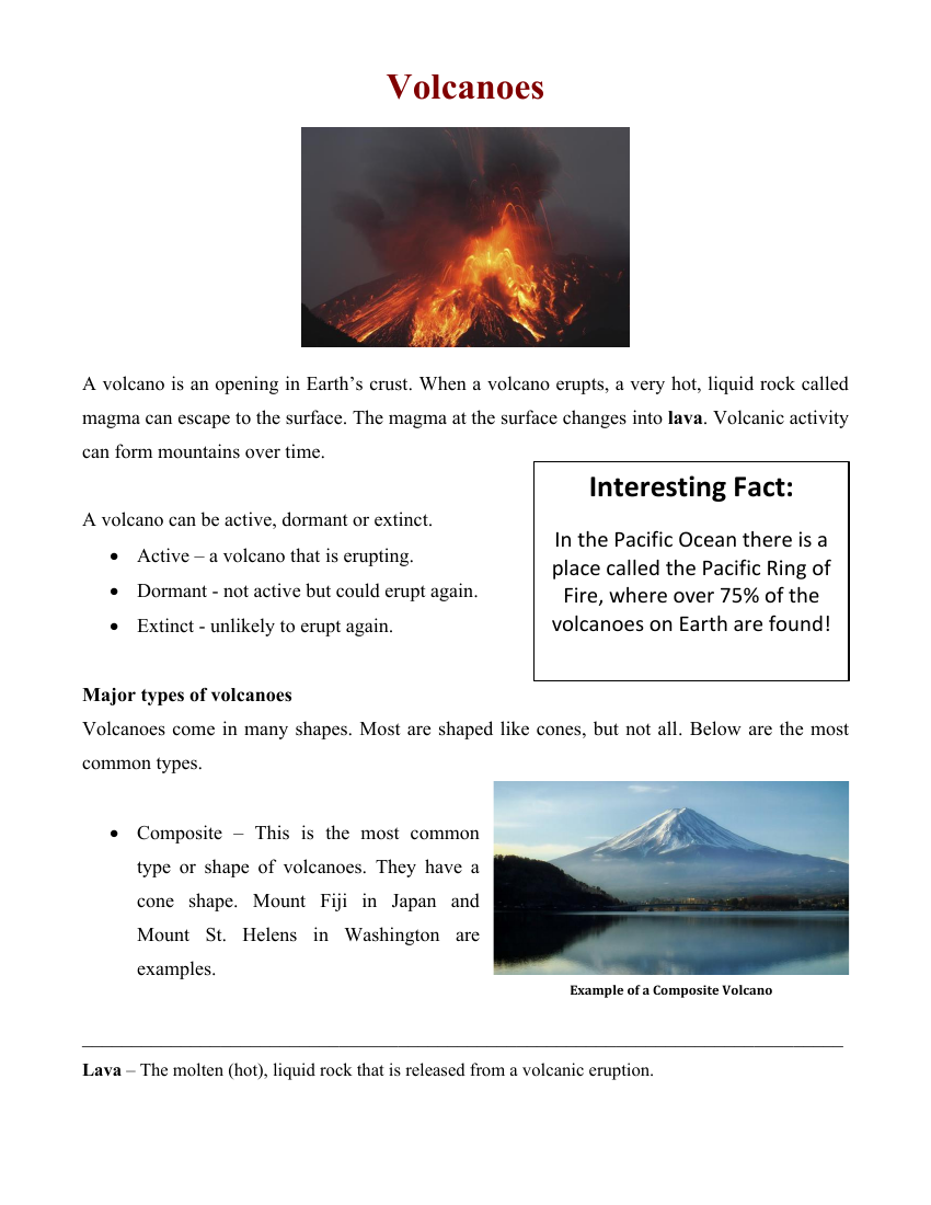 Volcanoes - Reading with Comprehension Questions