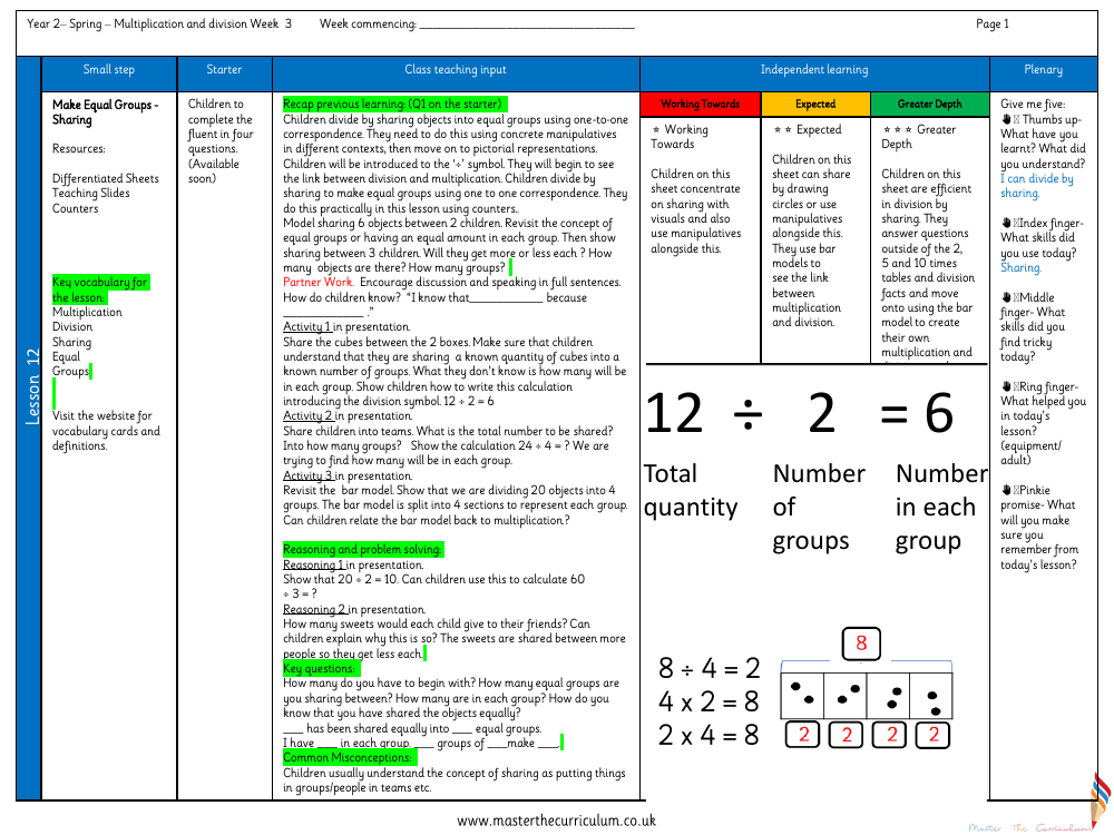 Multiplication and division - Make equal groups sharing 2 - Planning