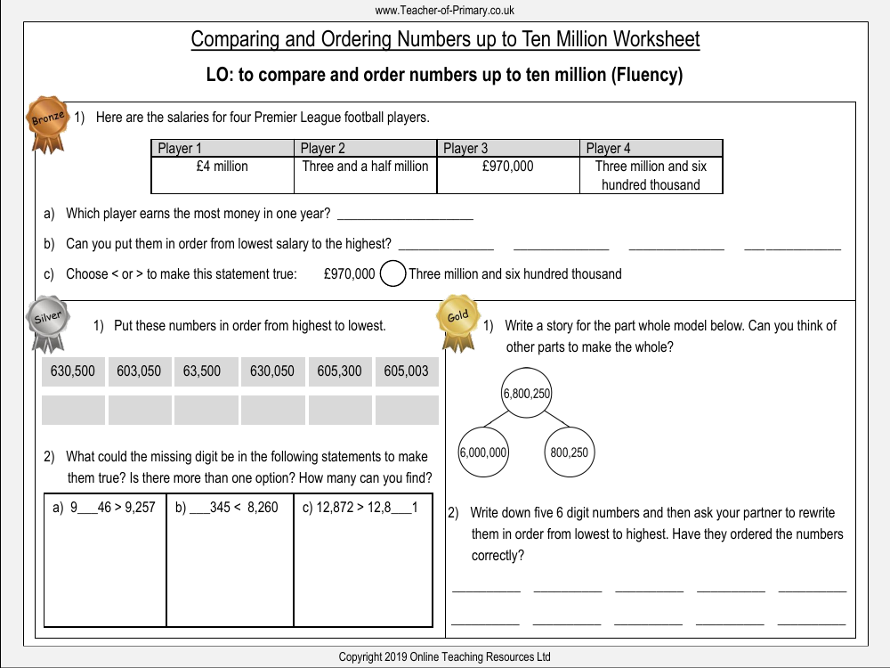 Comparing and Ordering Numbers - Worksheet