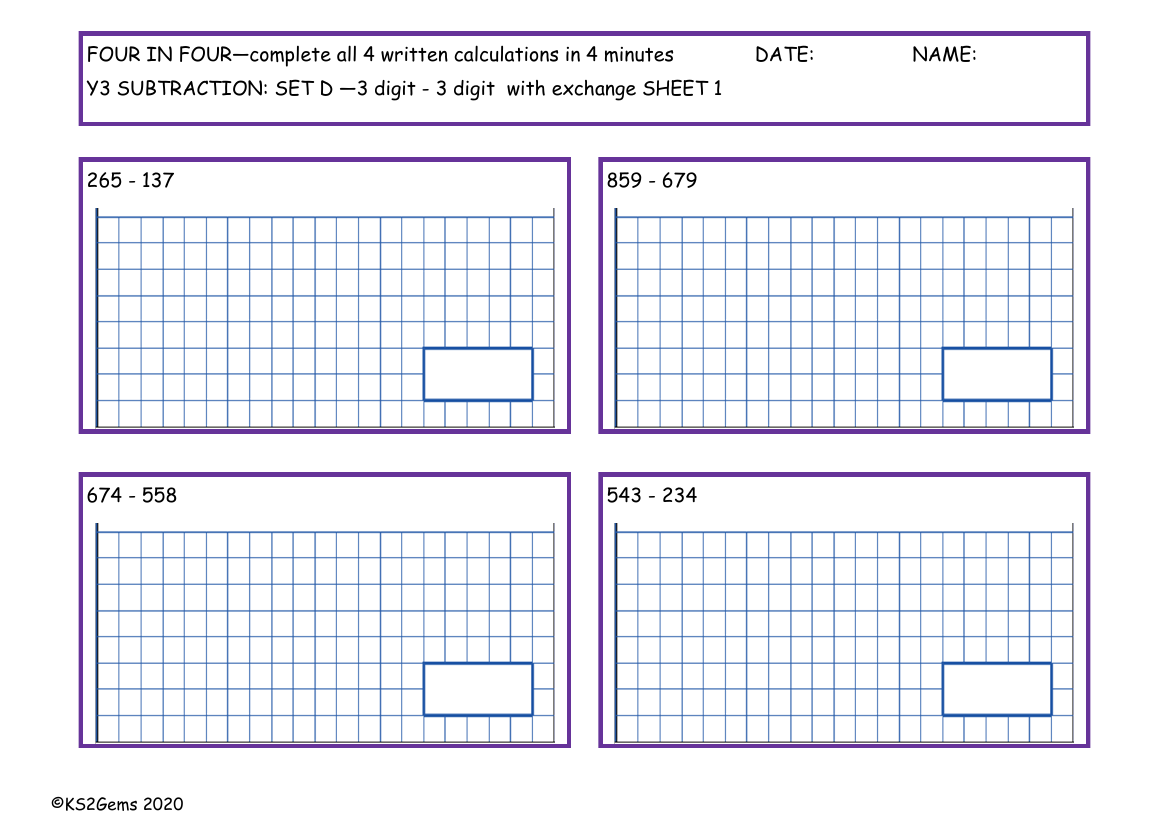 Four in Four - Subtraction Set D - 3d - 3d with exchange