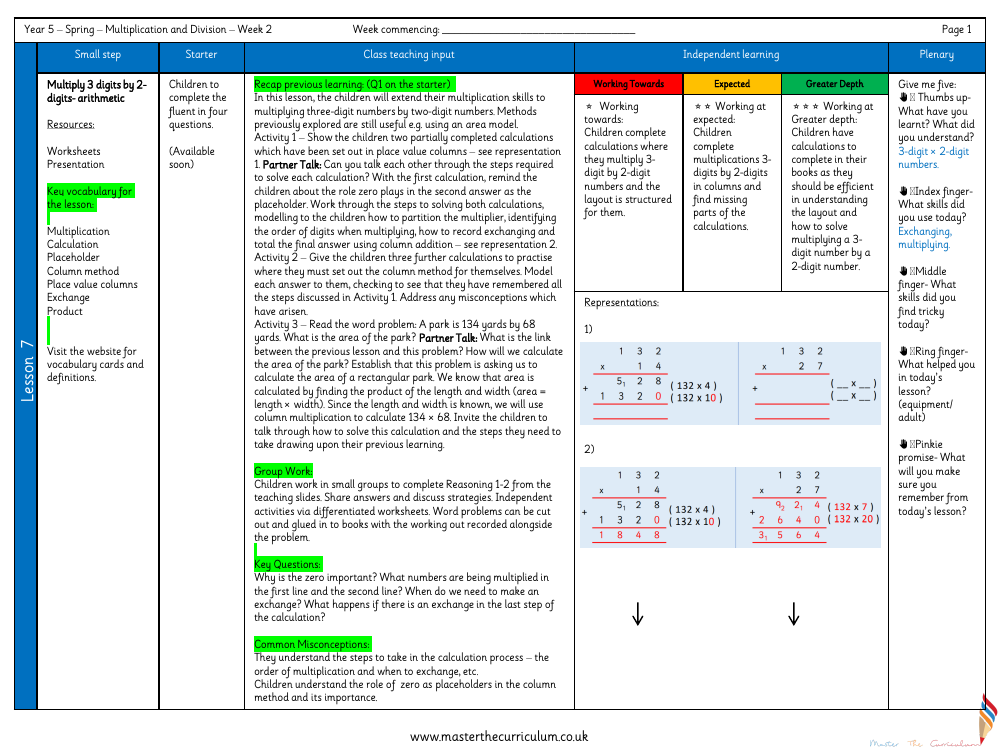 Multiplication and Division (2) - Multiply 3 digits by 2-digits (arithmetic) - Planning