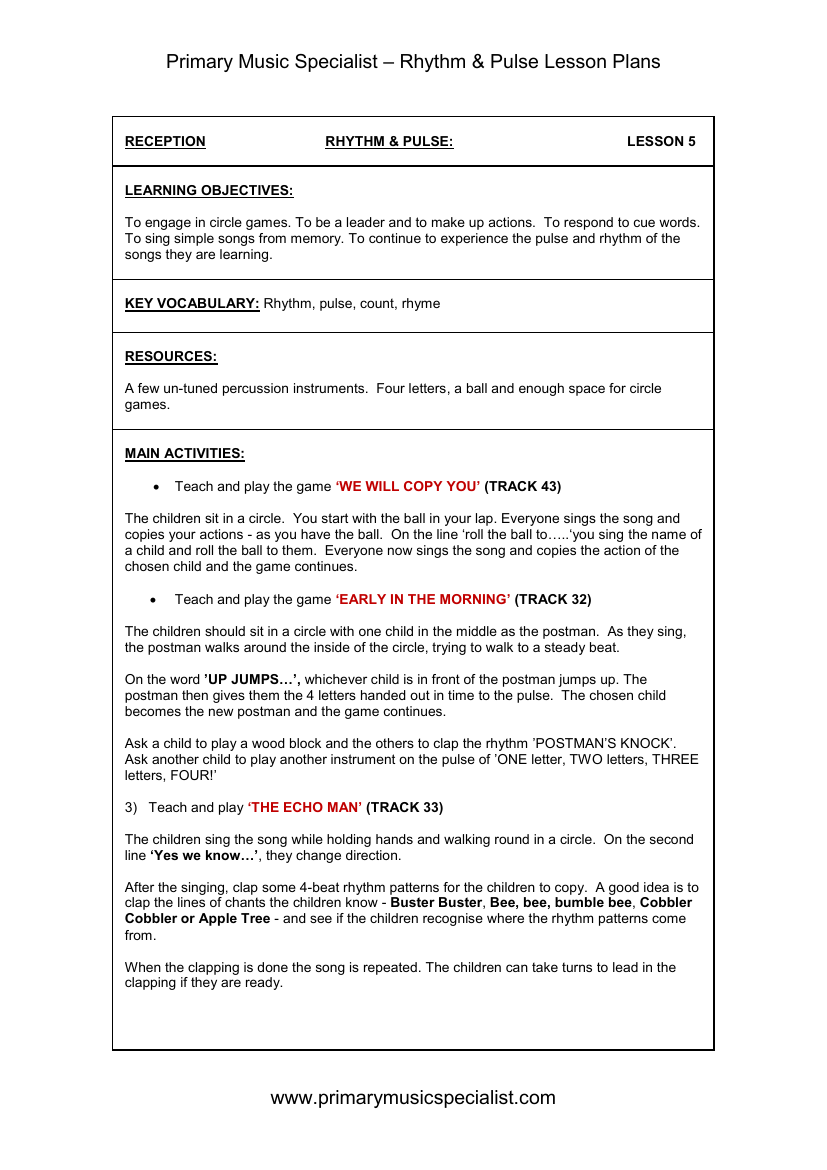 Rhythm and Pulse Lesson Plan - Reception Lesson 5