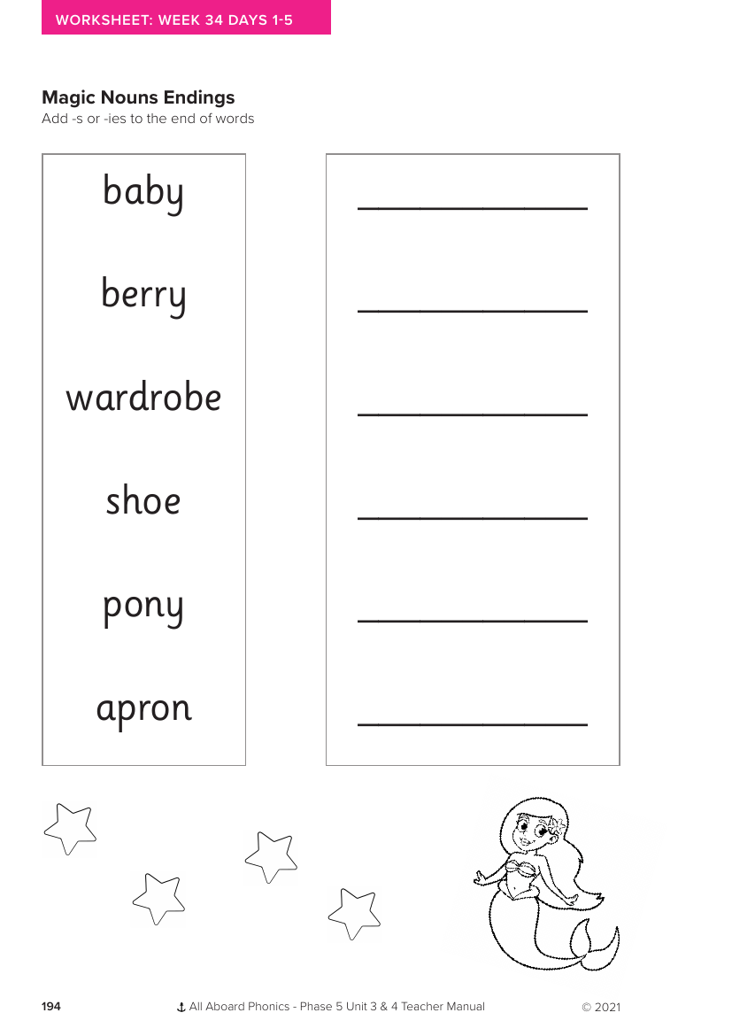 Week 34, lesson 1-5 Magic Noun Endings activity - Phonics Phase 5, unit 4 - Worksheet