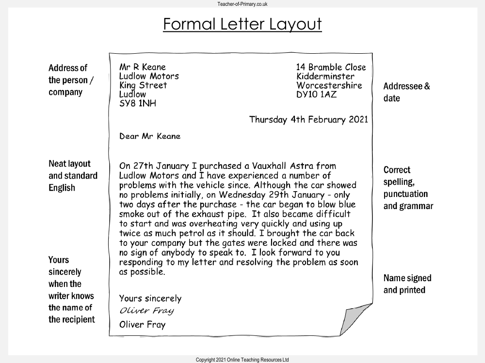 Writing a Formal Letter - Lesson 1 - Formal Letter Layout Worksheet