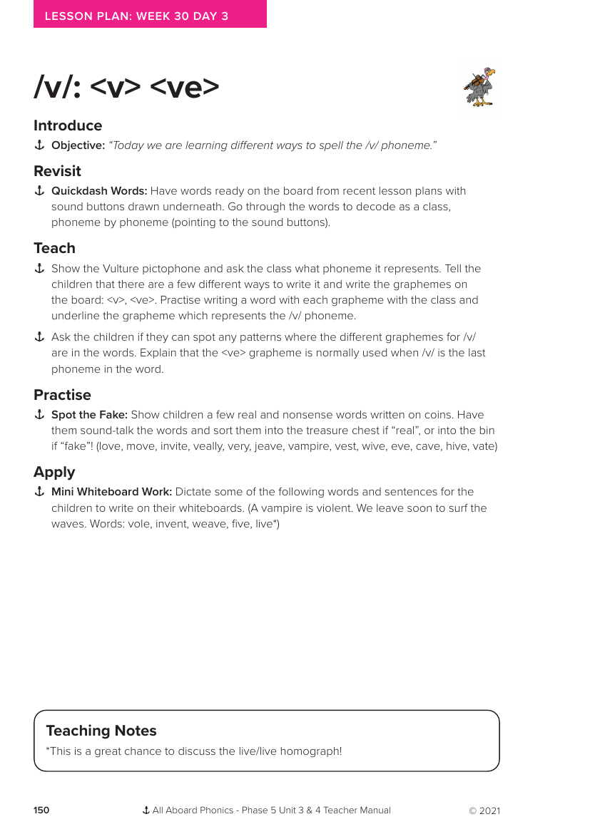 Week 30, lesson 3 Phoneme "v,ve" - Phonics Phase 5, unit 3 - Lesson plan