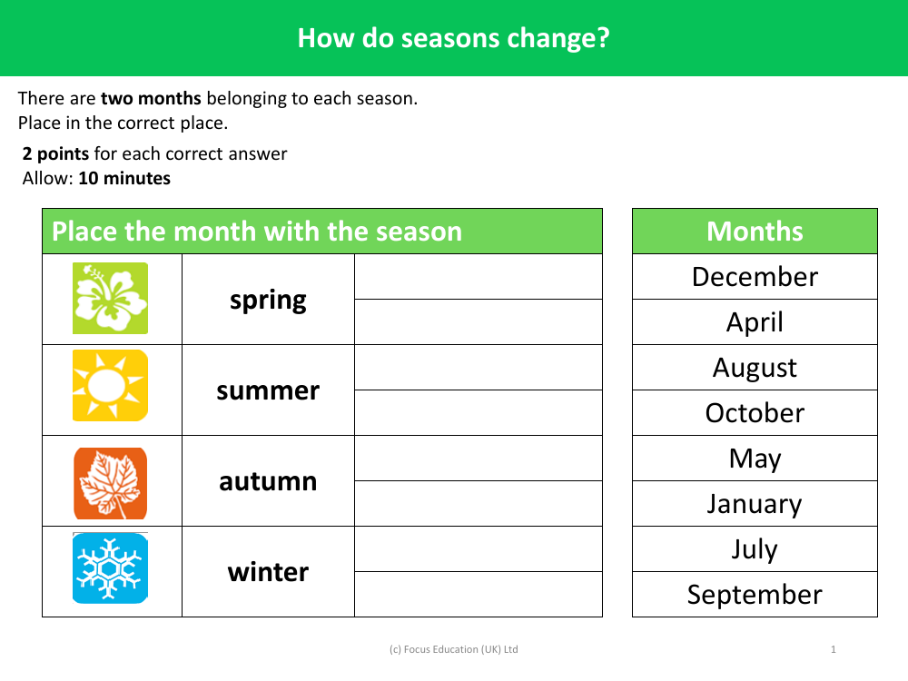 Place the month with the season - Seasonal Change - Year 1