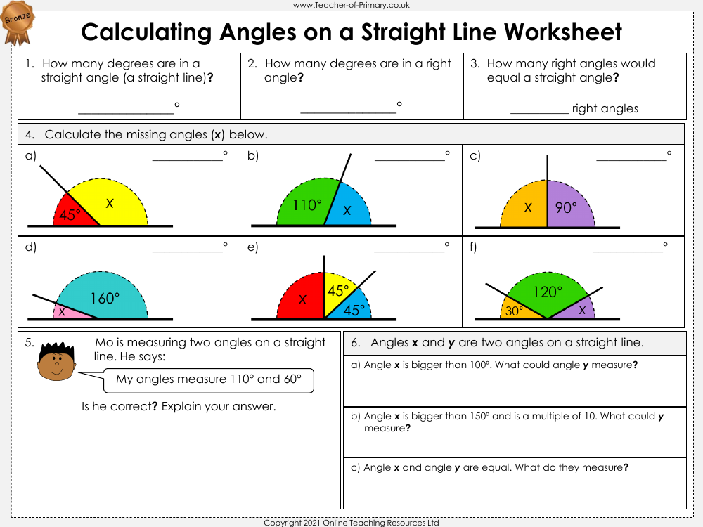 Calculating Angles on a Straight Line - Worksheet