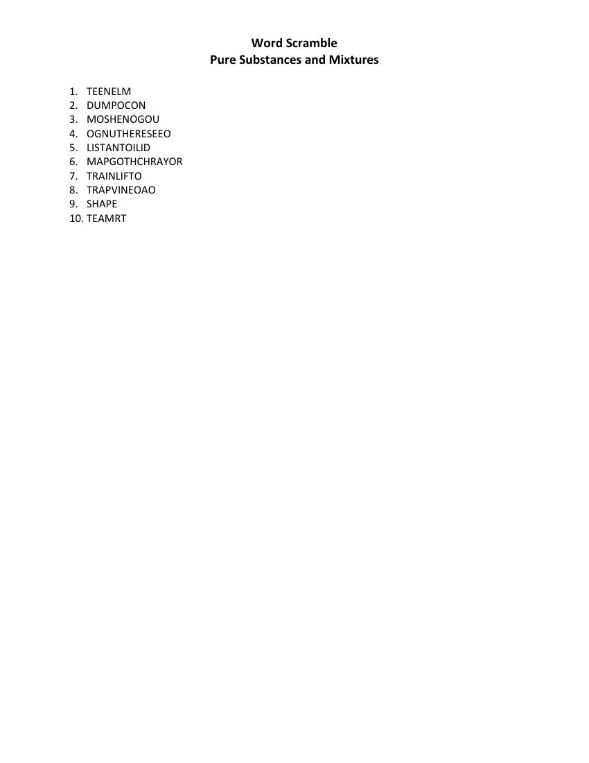 Pure Substances and Mixtures - Word Scramble