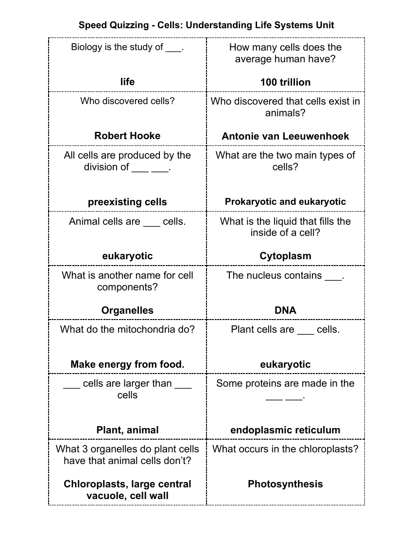 Cells - Understanding Life Systems - Speed Quizzing