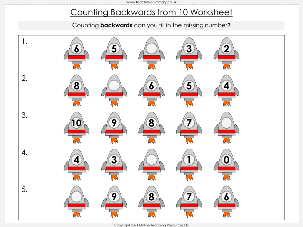 Counting Backwards From 10 - Worksheet