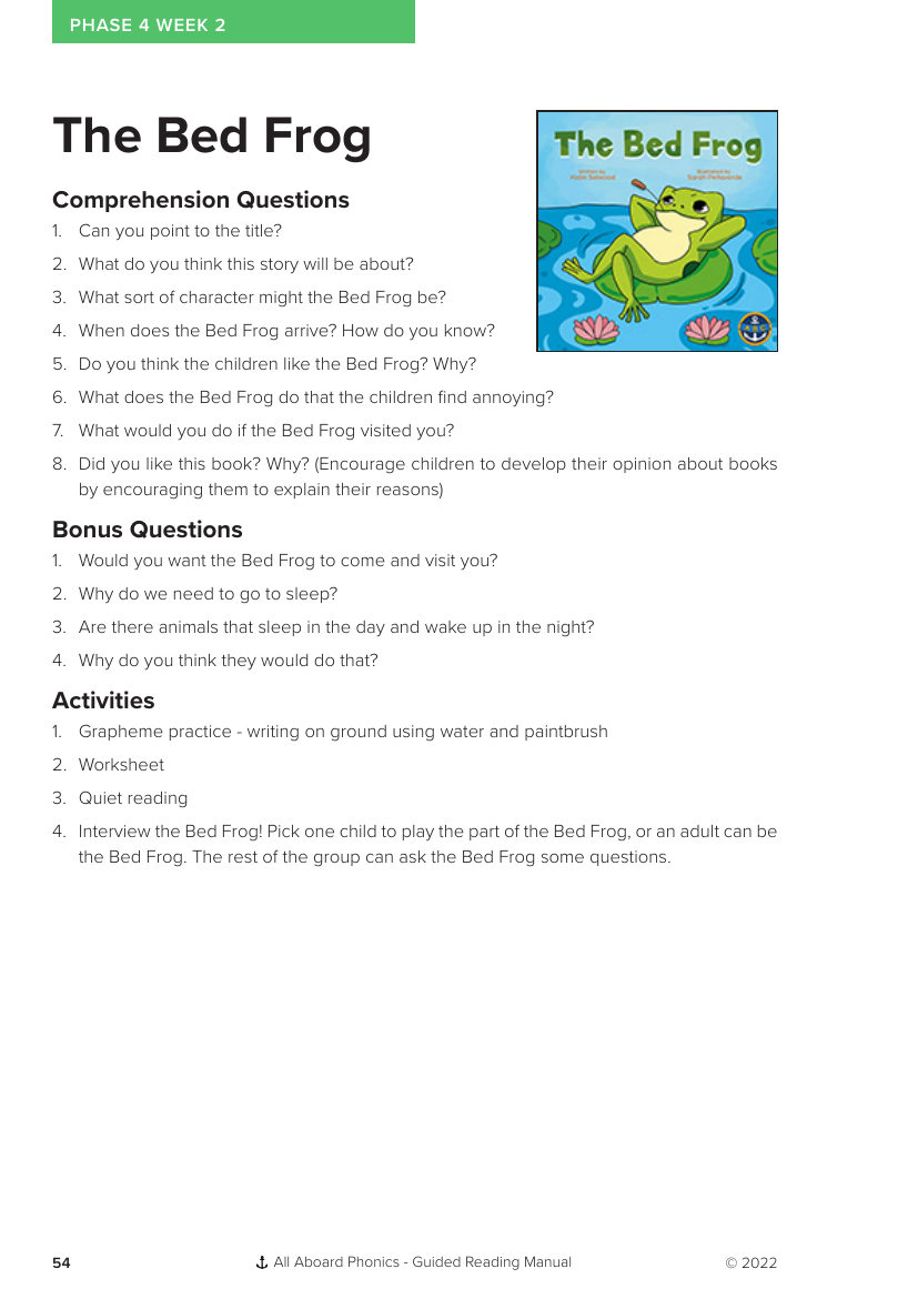 Week 2, Guided Reading "The Bed Frog" - Phonics Phase 4 - Worksheet