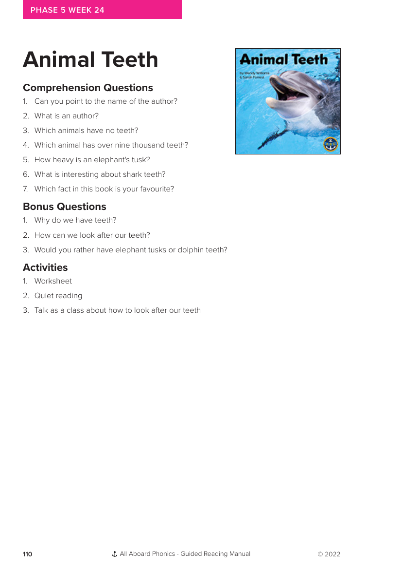 Week 24, Guided Reading "Animal Teeth" - Phonics Phase 5 - Worksheet