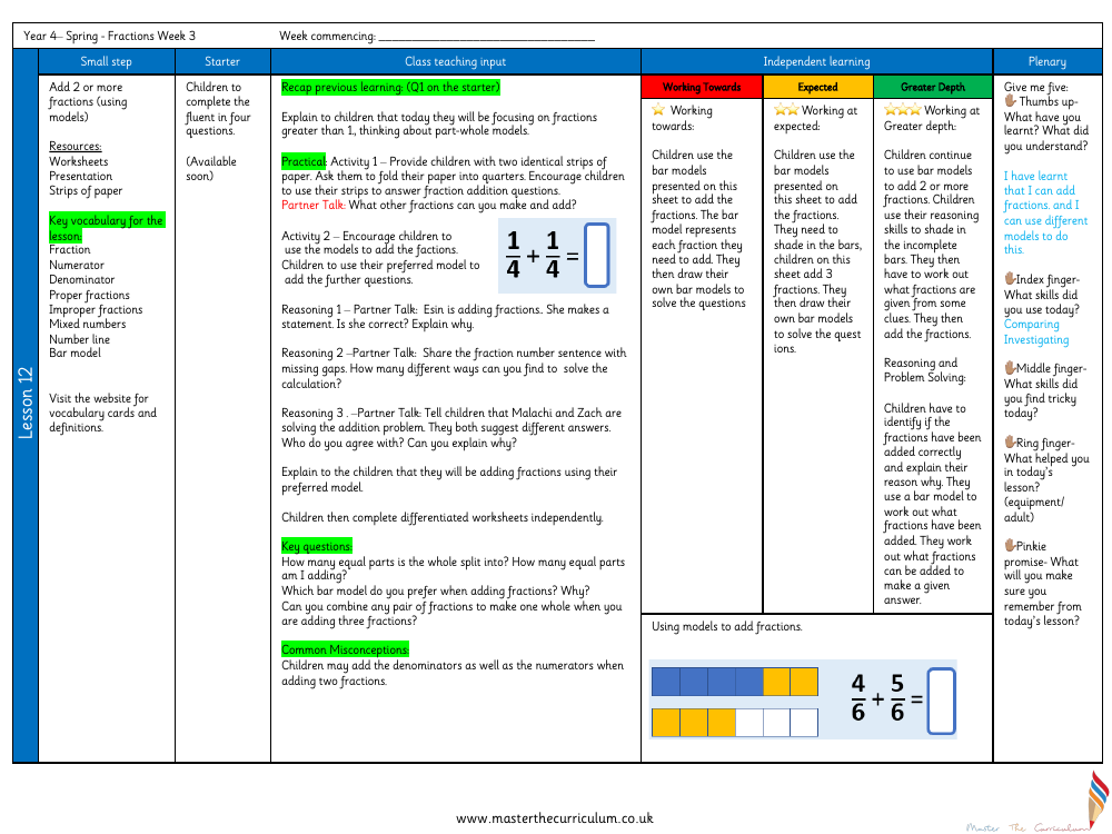 Fractions - Add 2 or more fractions (Using Models)- Planning