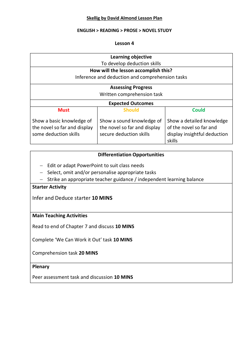 Skellig Lesson 4: Michael's Diary - Lesson Plan