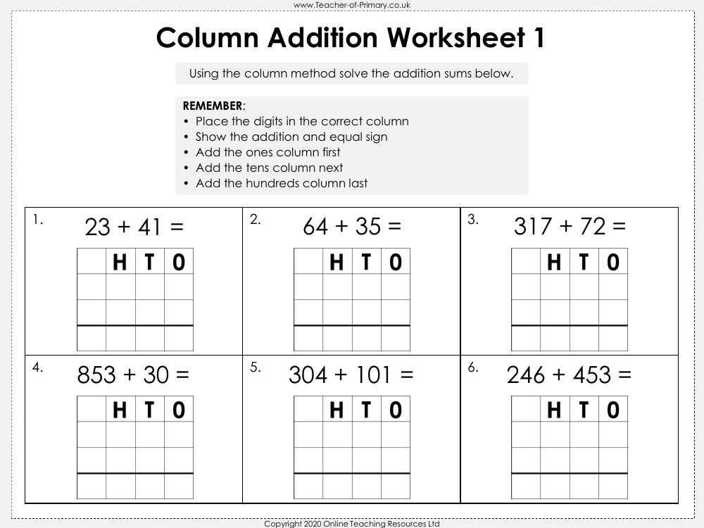 Column Addition Year 2 Worksheet