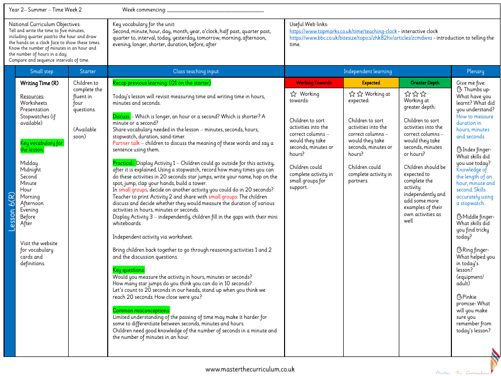 Time - Writing the time - Planning