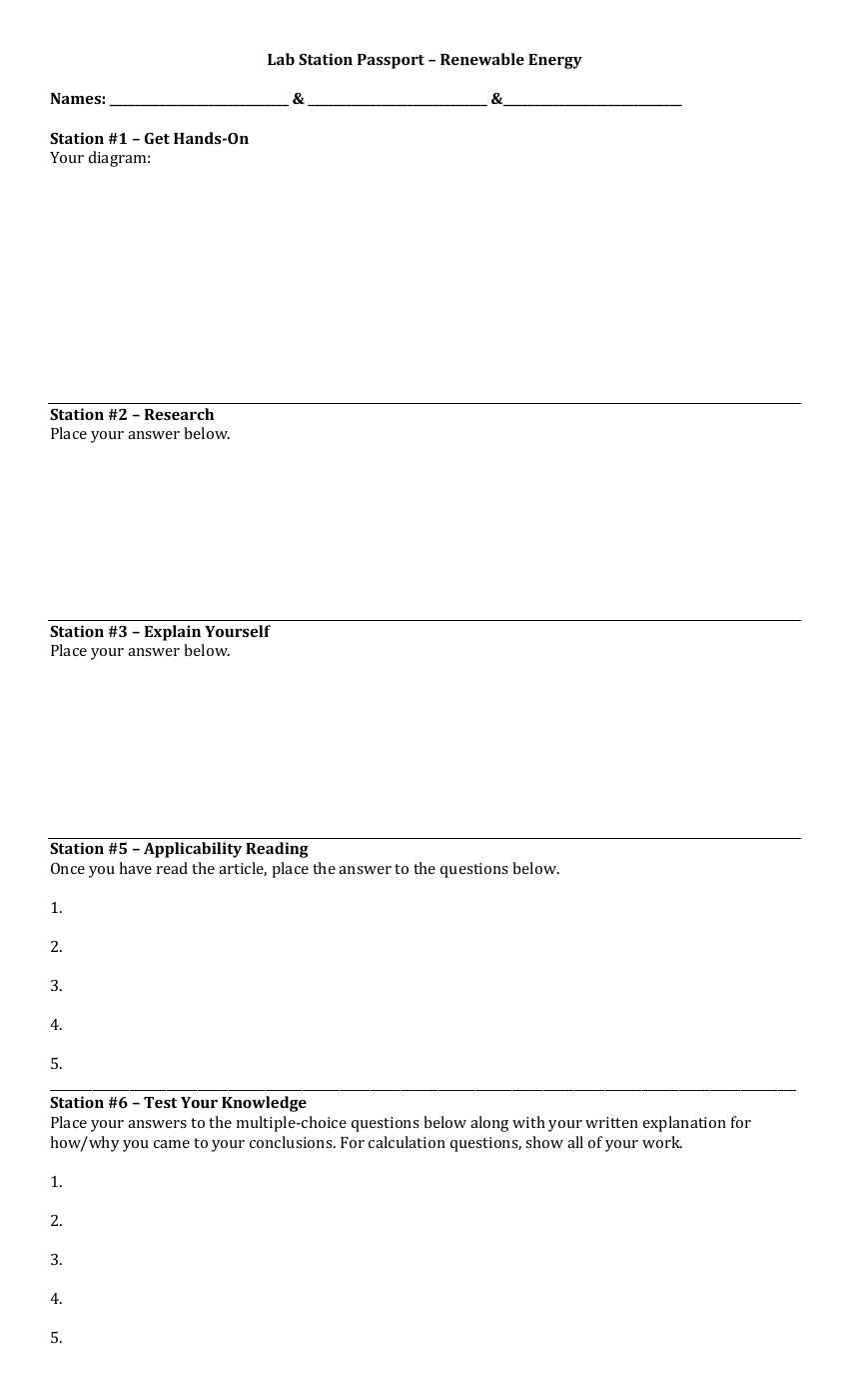 Renewable Energy - Lab Station Passport