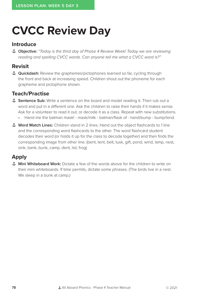 Week 5, lesson 3 CVCC Review Day - Phonics Phase 4 - Lesson plan