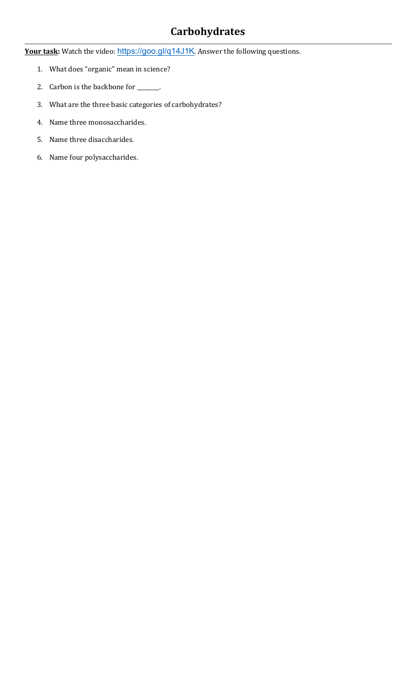 Carbohydrates Video Worksheet