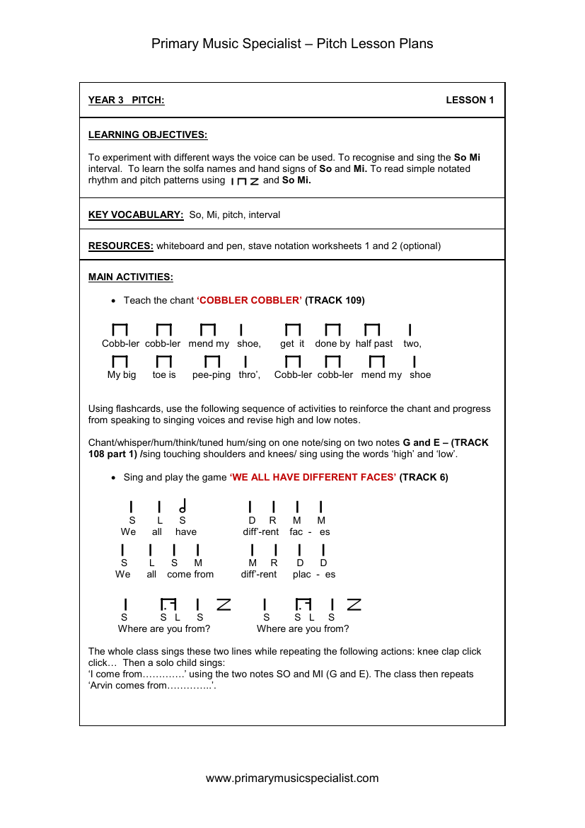 Pitch Lesson Plan - Year 3 Lesson 1