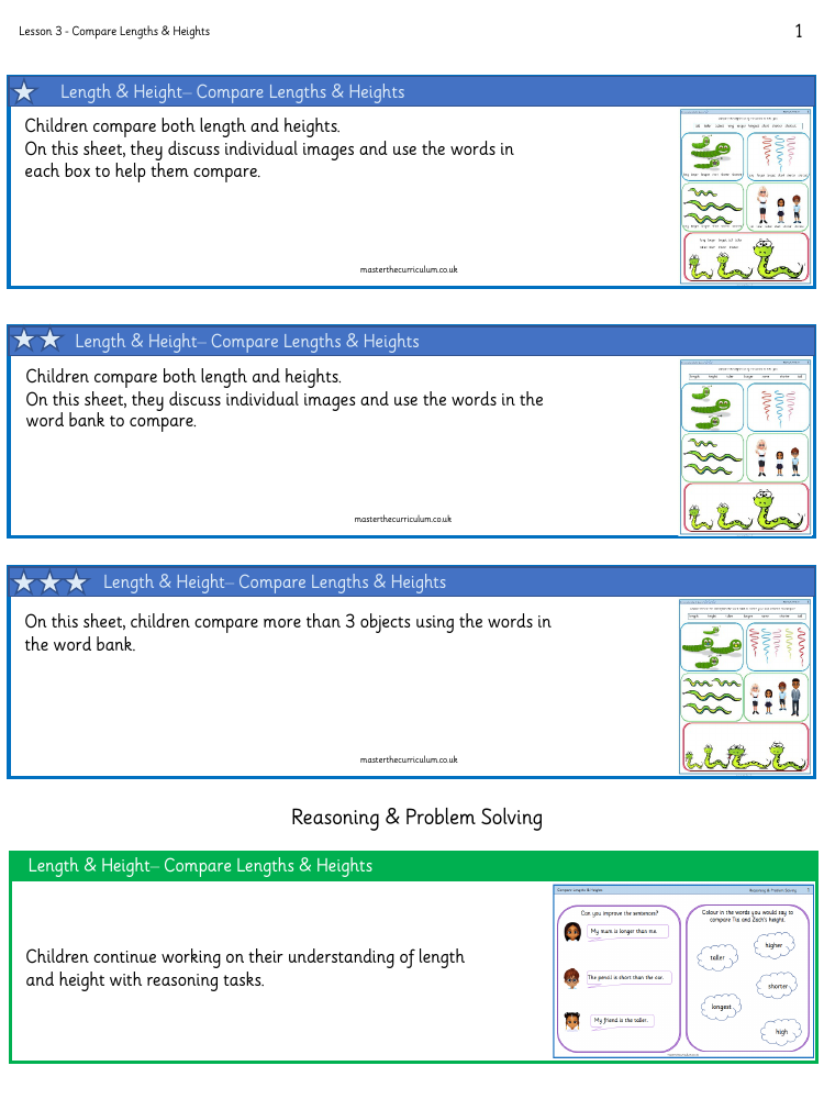 Length and height - Compare lengths and heights - Worksheet