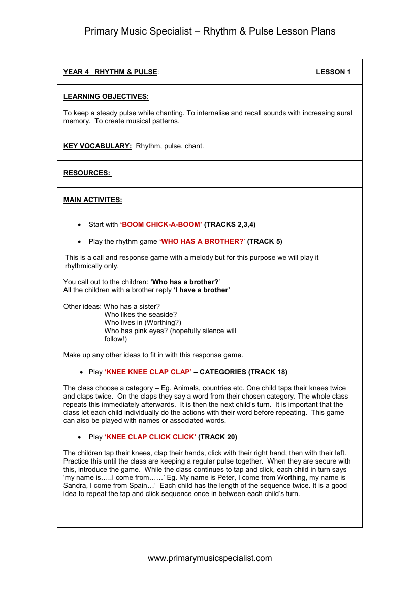 Rhythm and Pulse Lesson Plan - Year 4 Lesson 1