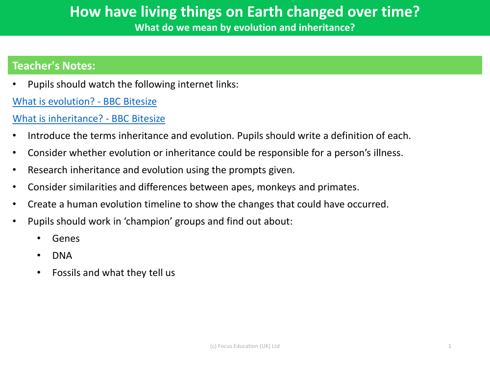 What do we mean by evolution and inheritance - teacher's notes
