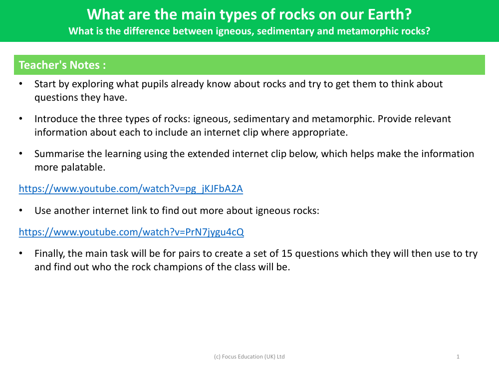 What is the difference between igneous, sedimentary and metamorphic rocks? - Teacher notes