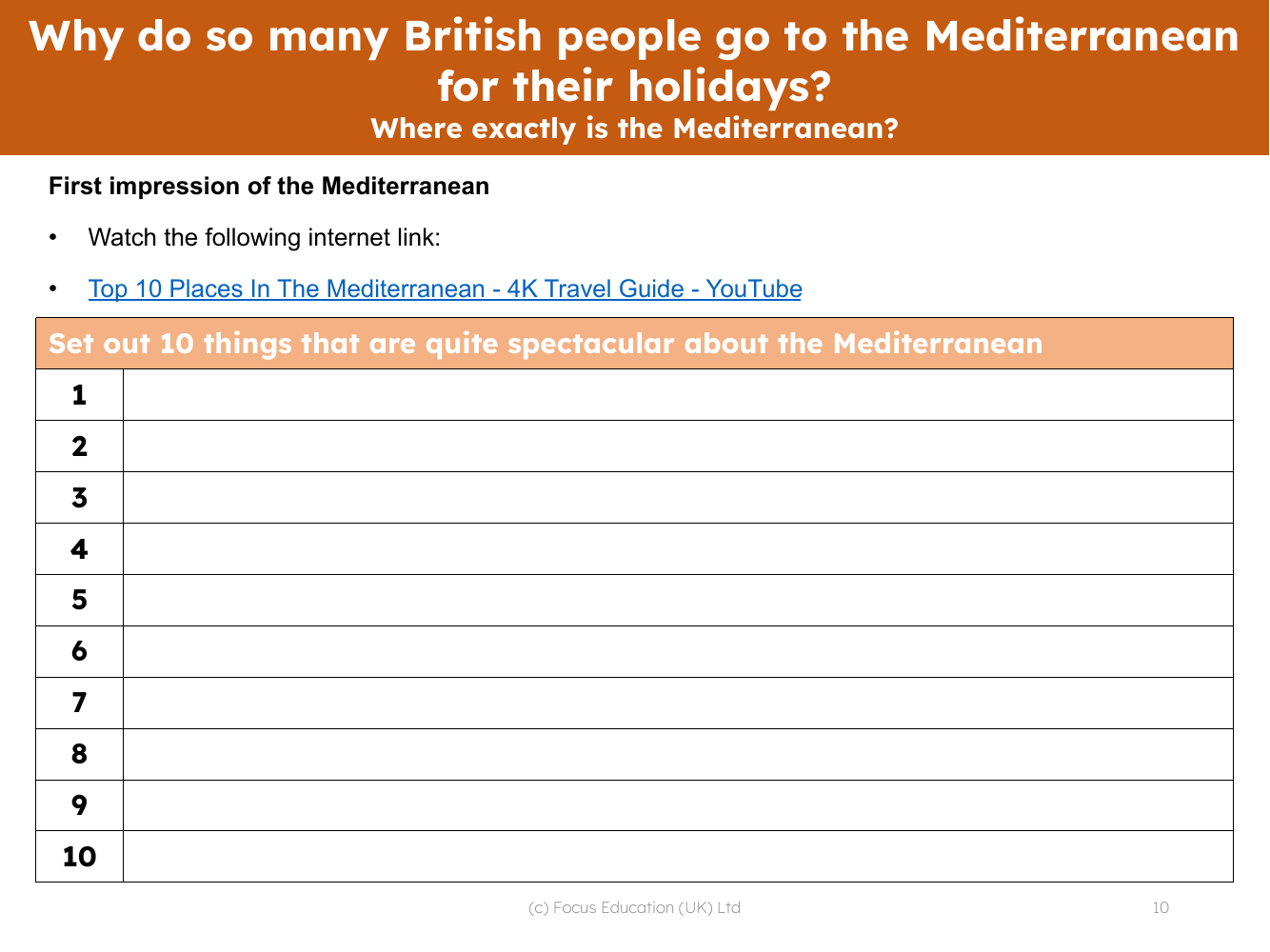 10 spectacular things about the Mediterranean - Note sheet