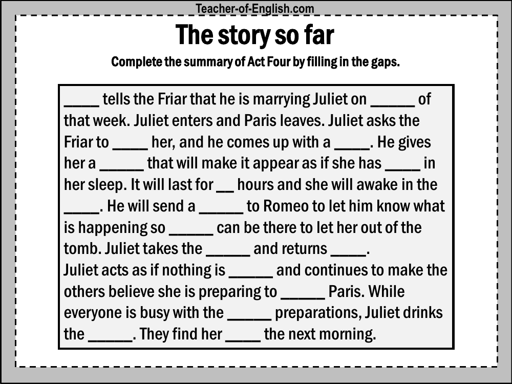 Romeo & Juliet Lesson 29: Got the Plot? - The Story so Far Worksheet
