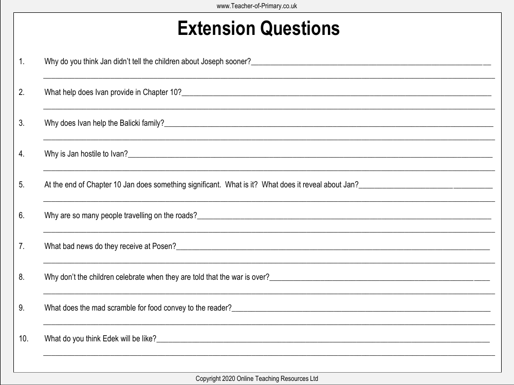 The Silver Sword - Lesson 9 - Extension Questions Worksheet