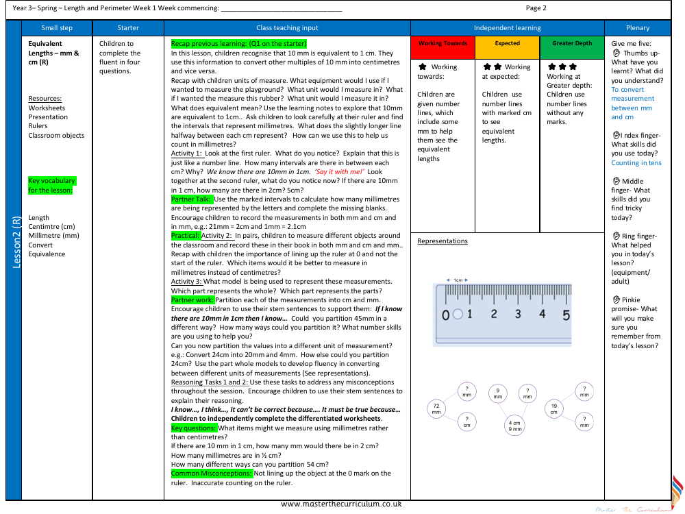 Measurement Length and Perimeter - Equivalent Lengths – mm & cm - Planning