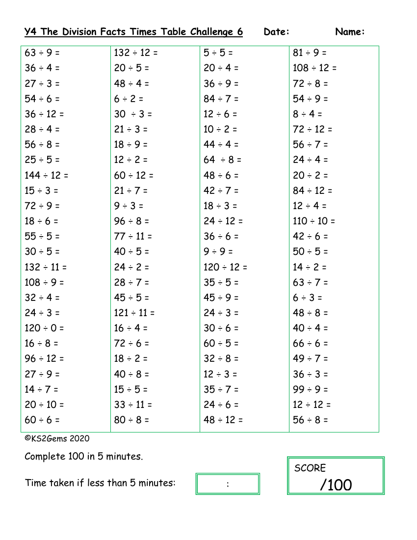 The Division Facts Times Table Challenge 6 Objectives