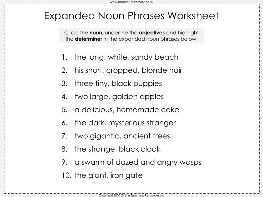 expanded noun phrases year 2 homework