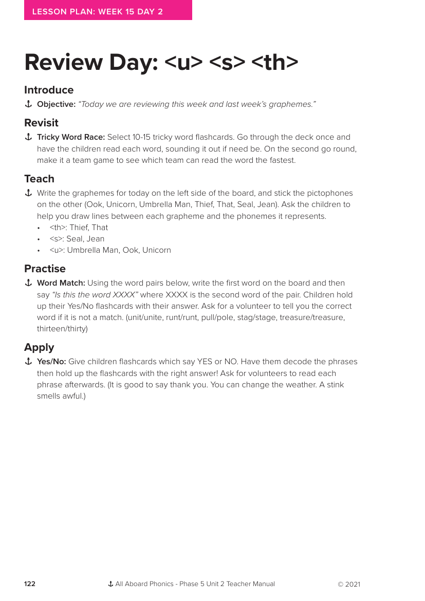 Week 15, lesson 2 Review Day (u,s,th) - Phonics Phase 5, unit 2 - Lesson plan